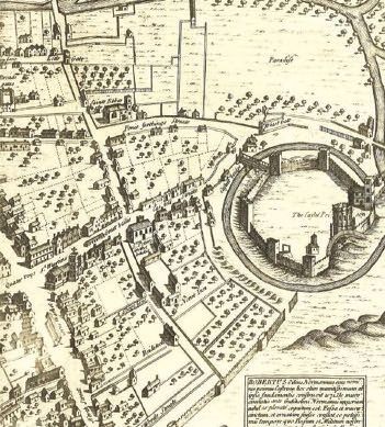 Fig. 27 Part of Agas�s 1578 map of Oxford looking from the north, showing the extent of open space at this time.