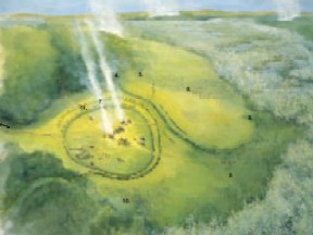 Artists reconstruction of the Neolithic causewayed enclosure at Salmonsbury Camp